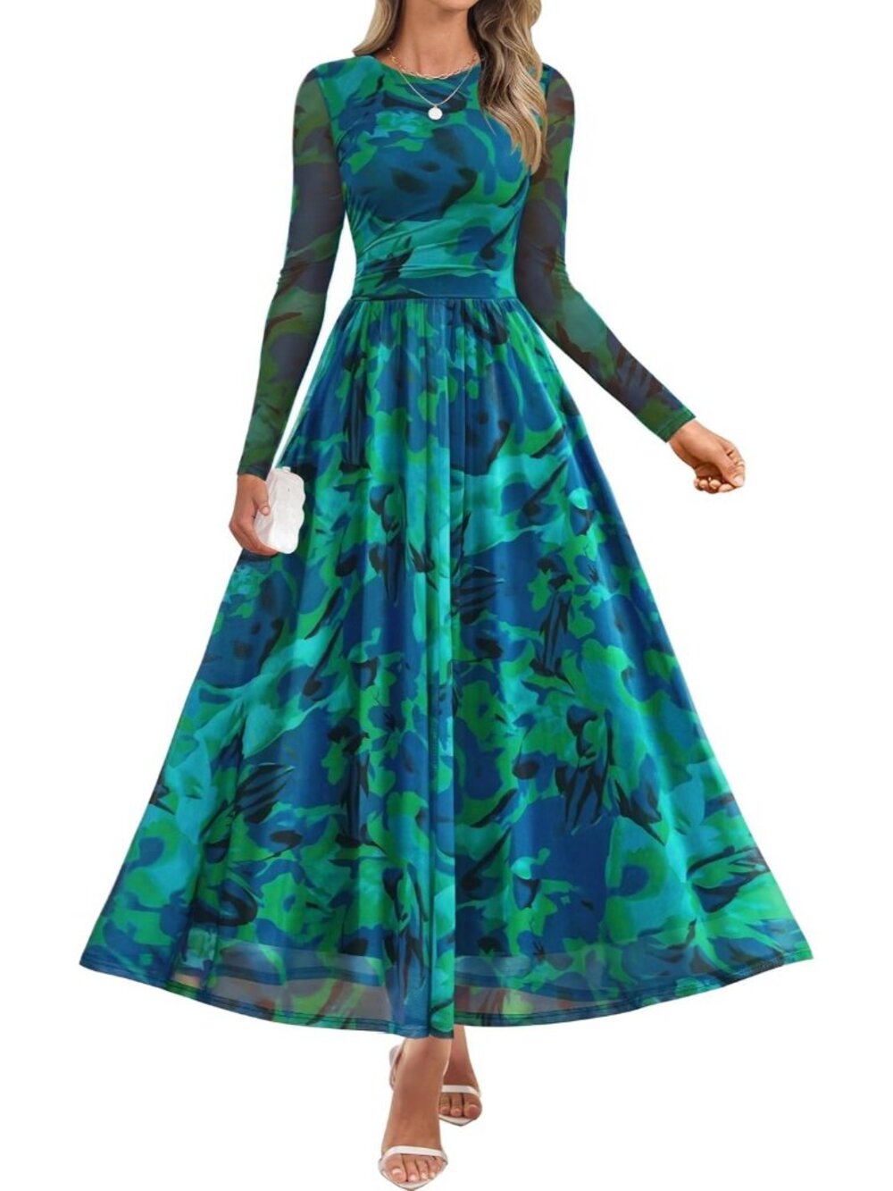 Women's Green Crewneck Maxi Dress Long Sleeve Slimming Cocktail Party Dresses